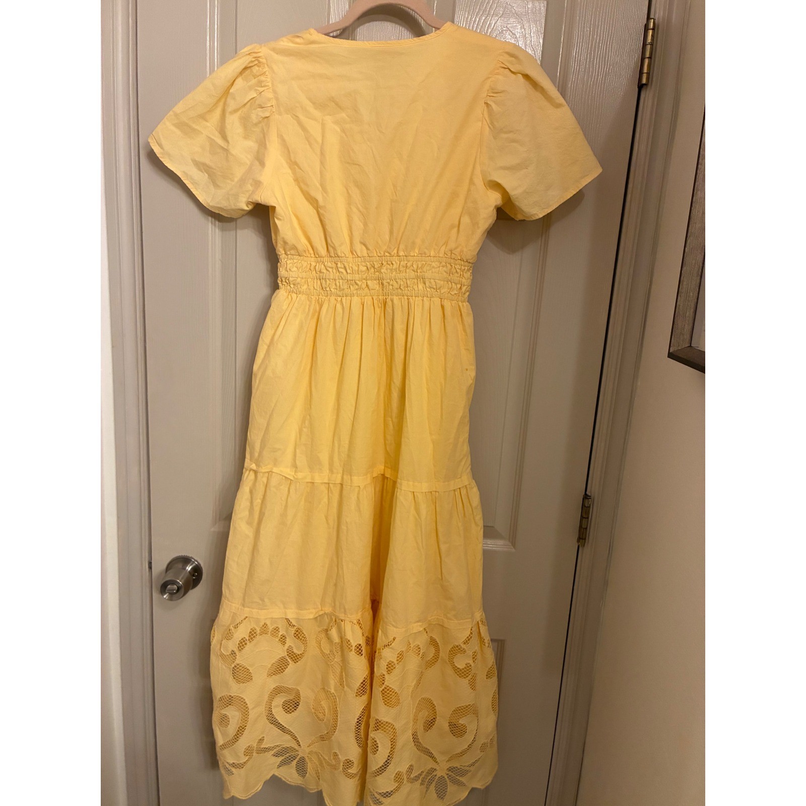 Haute Hippie Style Yellow Tiered Maxi Dress Eyelet Lace Smocked Waist XS