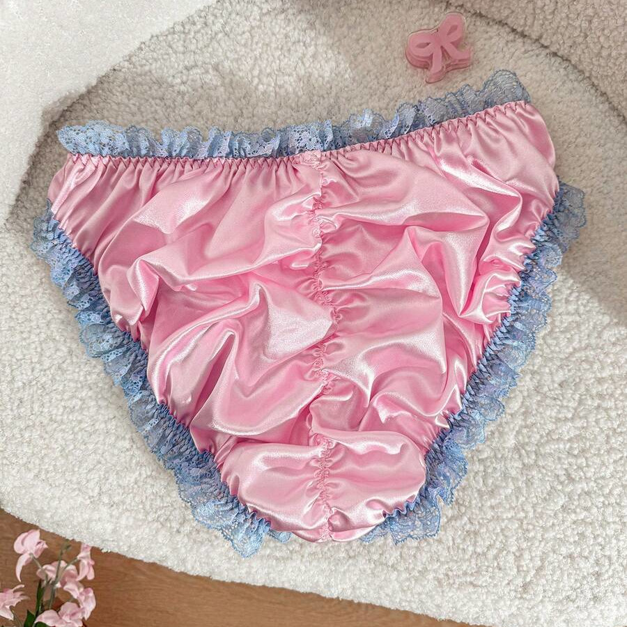 PINK SATIN SISSY PANTIES Ruched Back Baby Blue Lace Trim Hi Cut Brief Size Large