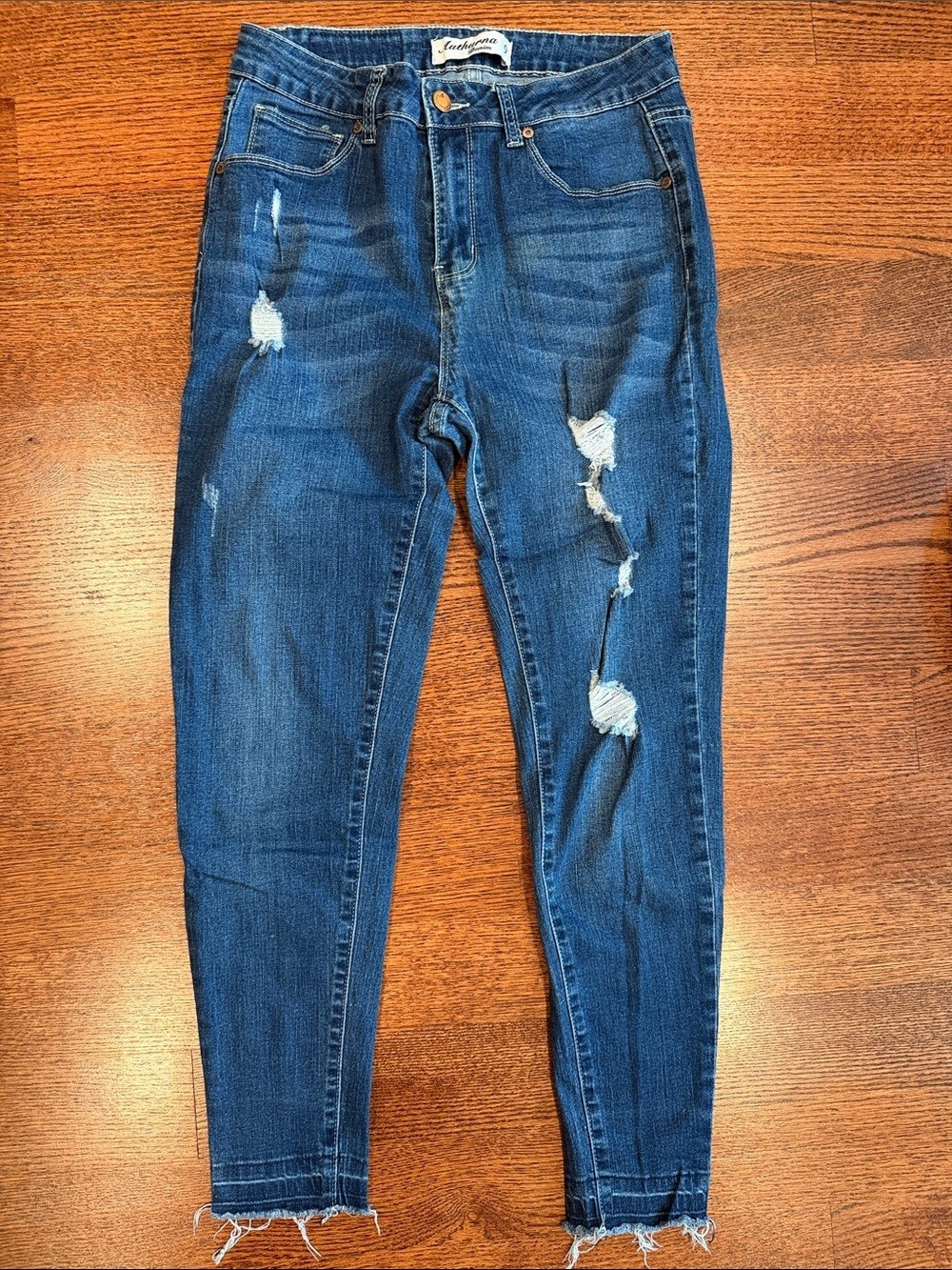 Distressed Blue Skinny Jeans with Raw Hem