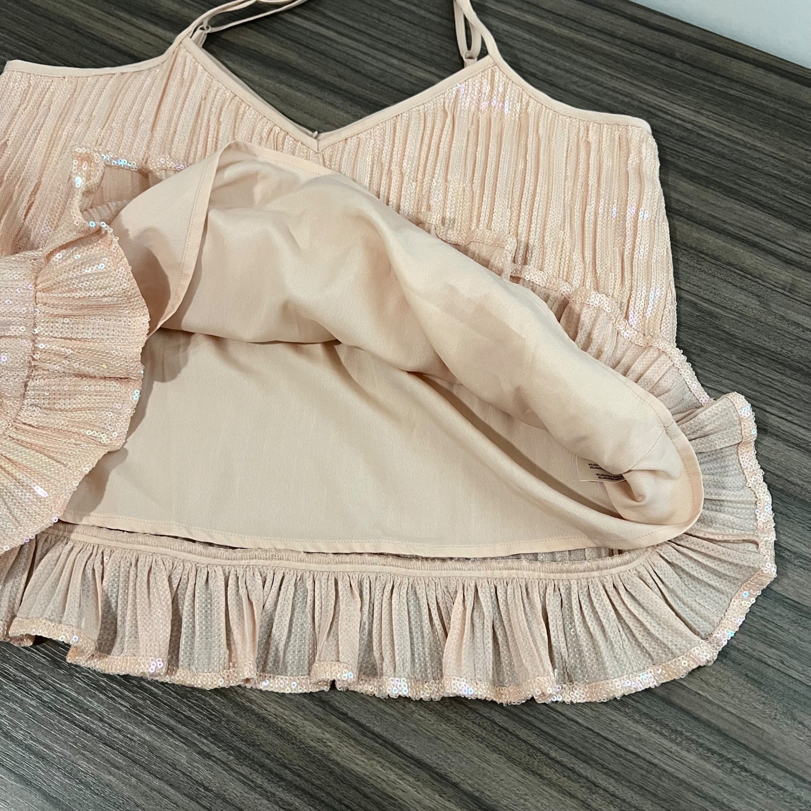 By Anthropologie Peach Iridescent Sequin Pleated Cami Peplum Top US 10 UK 14