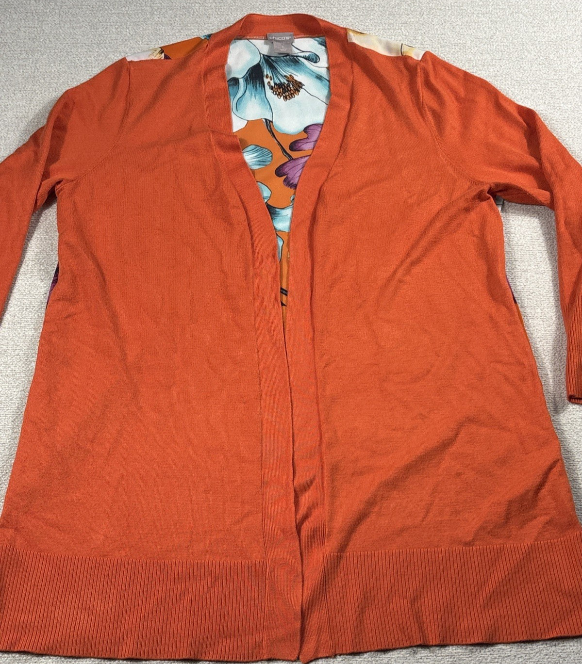 Chico’s Spring Lightweight Cardigan Top Women Size 2 Orange Floral Office Casual
