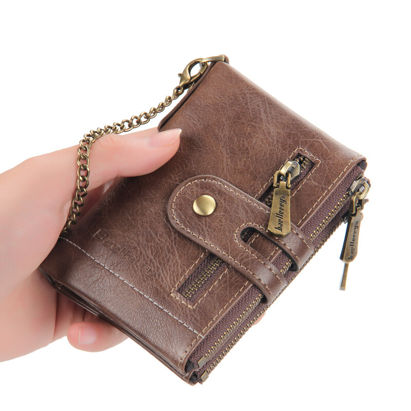 Mens Chain Wallet Genuine Leather RFID Biker Trucker Zip Bifold with Coin Pocket