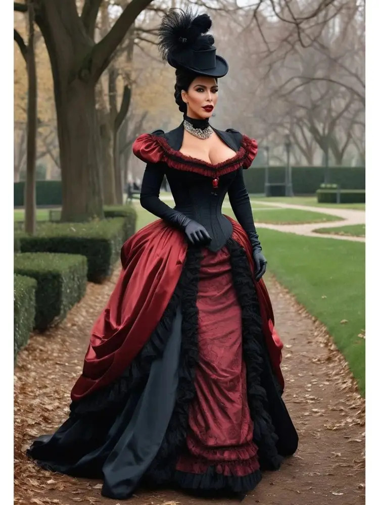 Black Red Victorian Corset Ball Gown with Hat Gothic Steampunk Costume