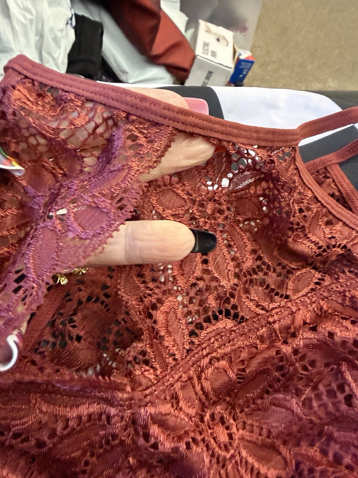 Zenana Outfitters Brown Floral Lace Bralette Bra L Wireless Unpadded Hook & Eye