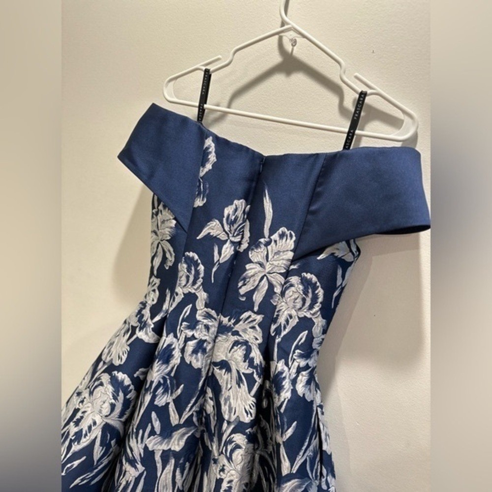 Frascara Navy Blue Silk Blend Floral Jacquard High-Low Off-Shoulder Dress