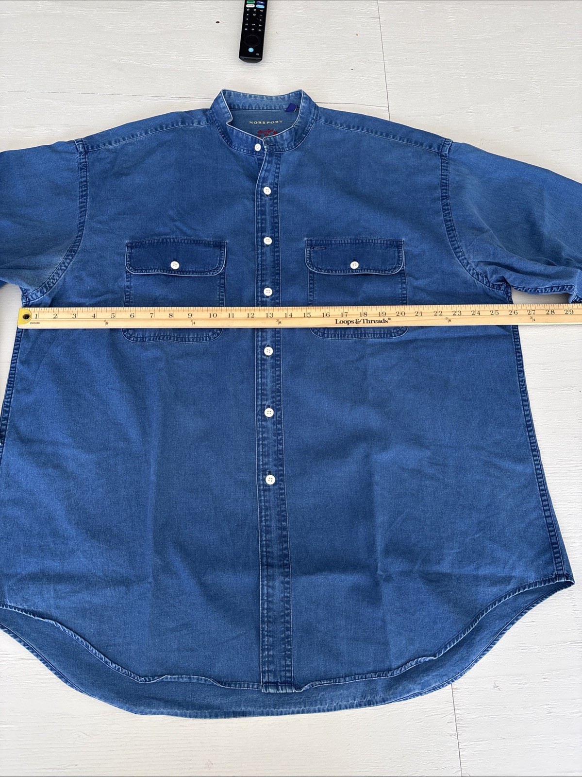 Norsport Men’s Band Collar Blue Denim Cotton Shirt Sz XL