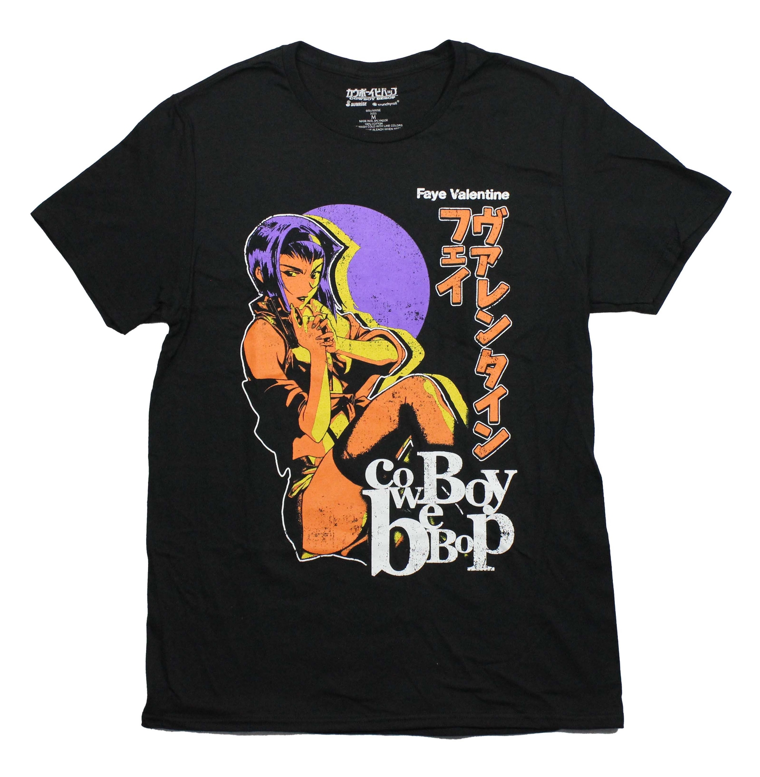 Cowboy Bebop New Adult T-Shirt – Purple Hair Faye Valentine Along Orange Kanji