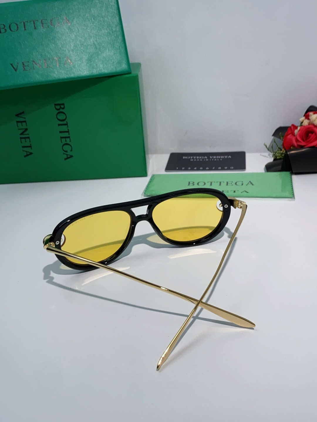 Bottega Veneta BV1418S Sunglasses Black Frame Yellow Lenses 58-15-145