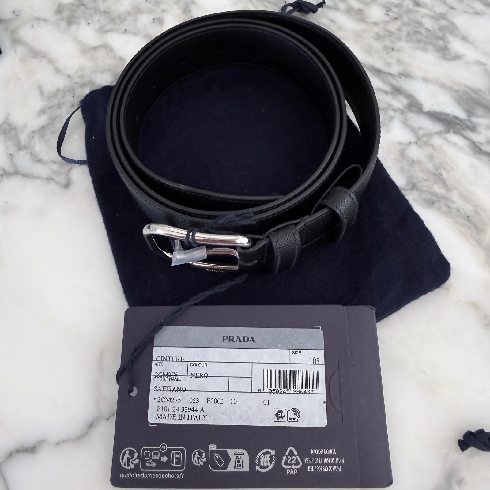 Prada 2CM275 Men’s Black Saffiano Leather Belt silver buckle, 105 cm