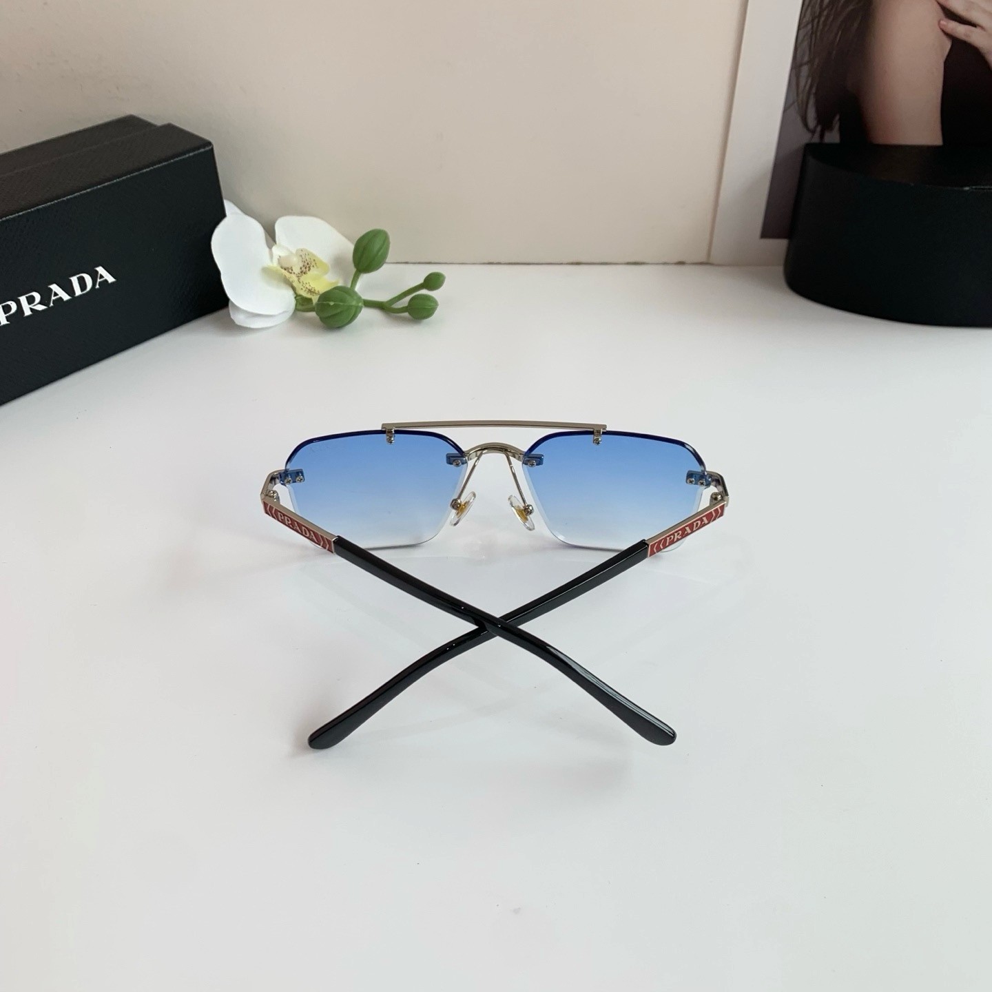 Prada 6874 Rimless Aviator Sunglasses Silver Frame Blue Gradient Lens 58-18-143