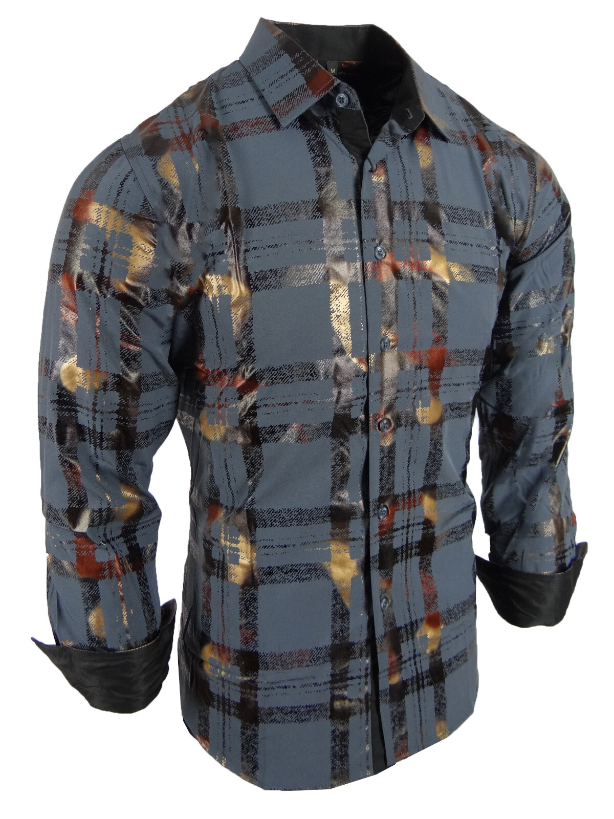 Mens Shirt Designer Plaid Print Bronze Leaf Foil Overlay Stretch Slim Fit Button