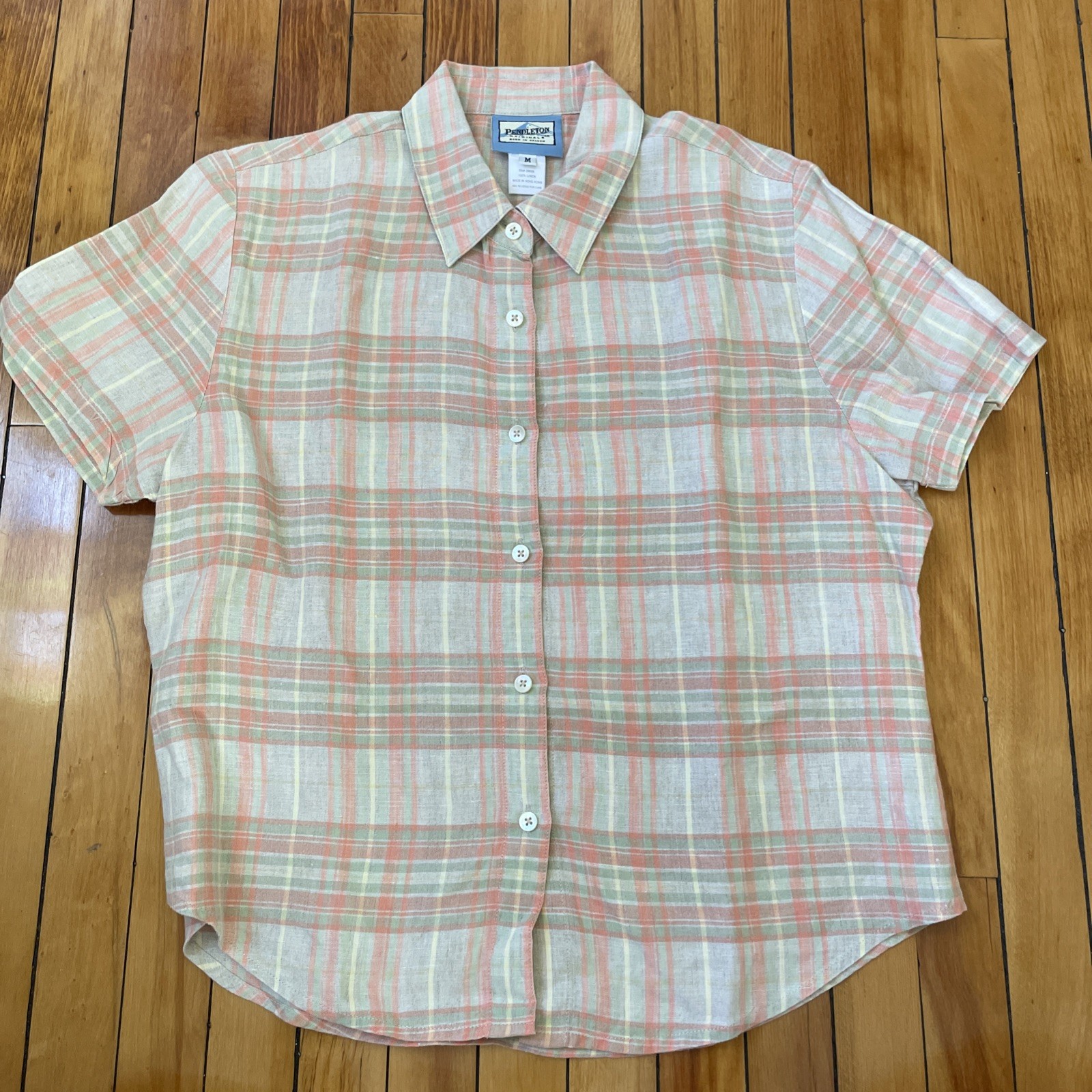 Vintage 90s Y2K Pendleton Tan Plaid 100% Linen Short Sleeve Button Up Womens M