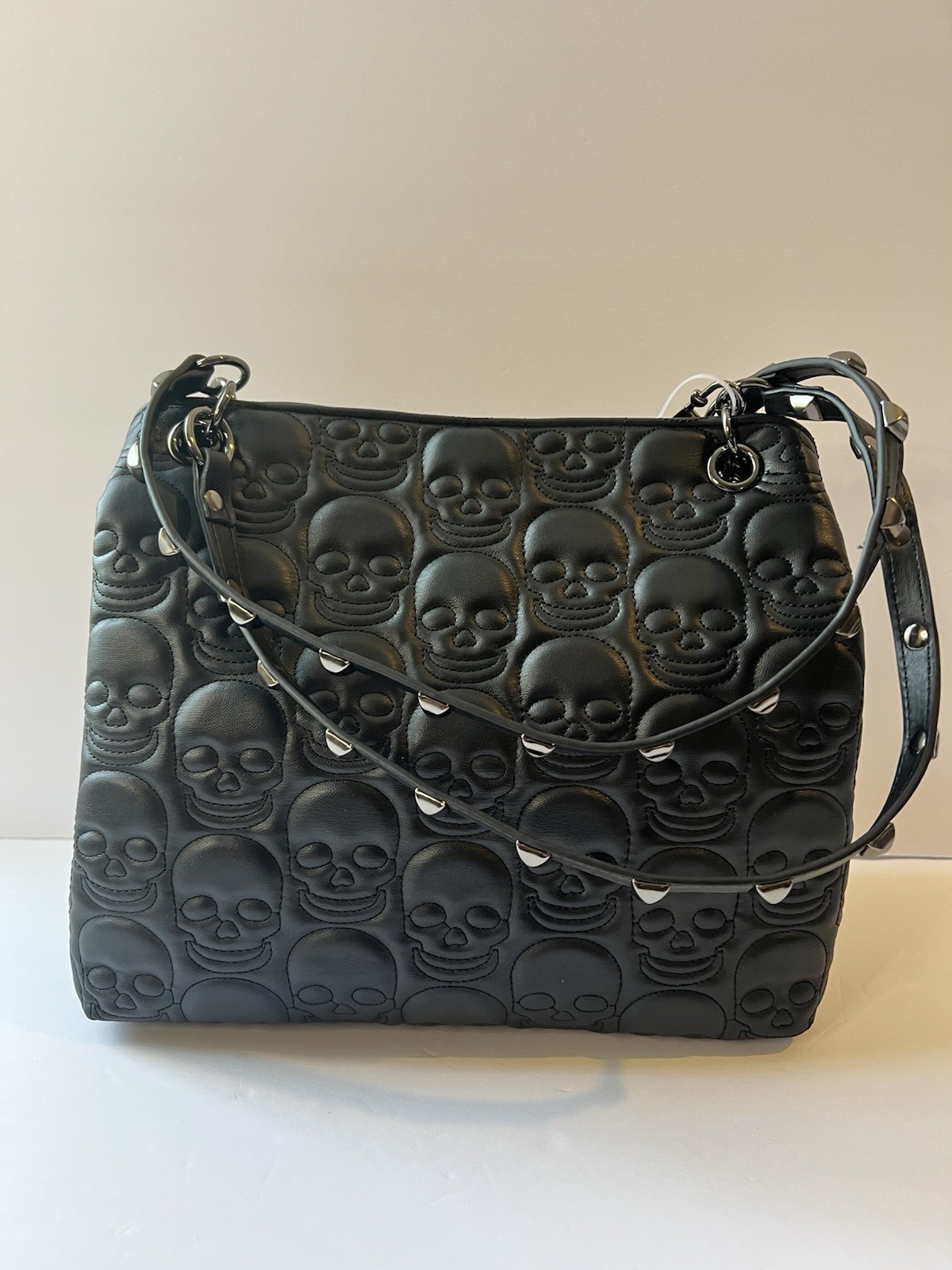 Betsey Johnson Black Skull Embossed Martini Studded Tote Bag New
