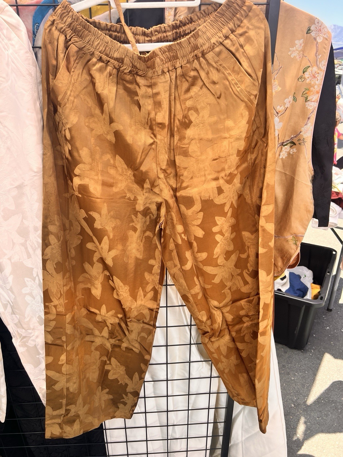 Women’s Brown Floral Linen Wide-Leg Cropped Pants, Elastic Drawstring, Pockets