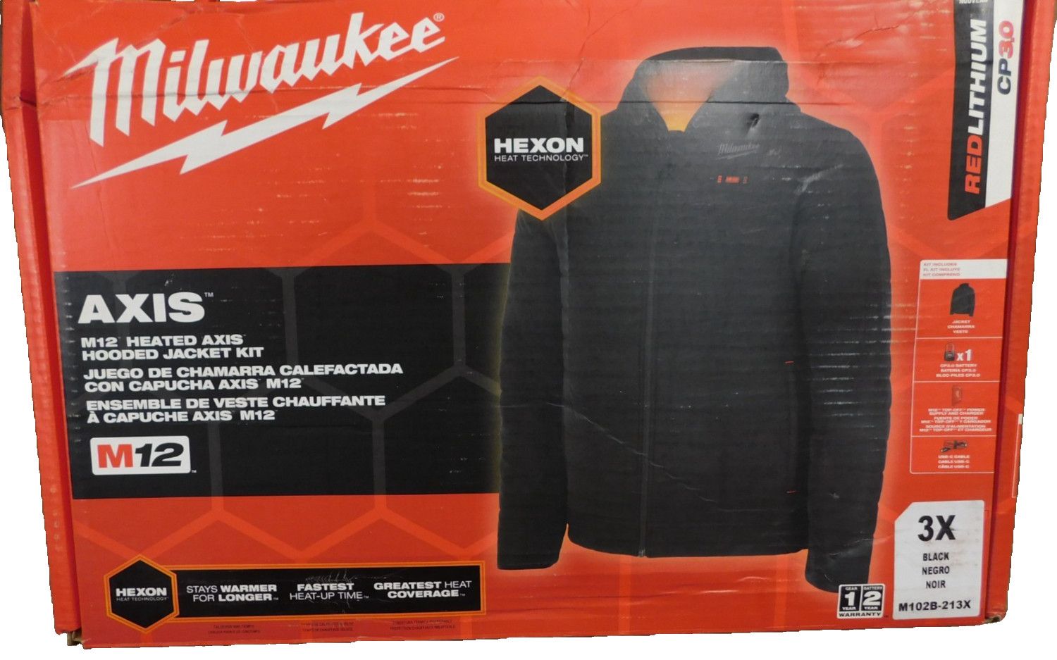 Milwaukee M12 12V Mens Heated Axis Hooded Jacket W/ Battery & Charger ,Black, 3X