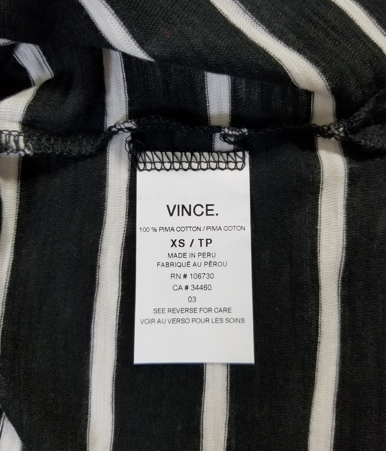 NWT Vince Feeder Stripe Pima Cotton Short Sleeve Tee Black-White Size XS, S $85