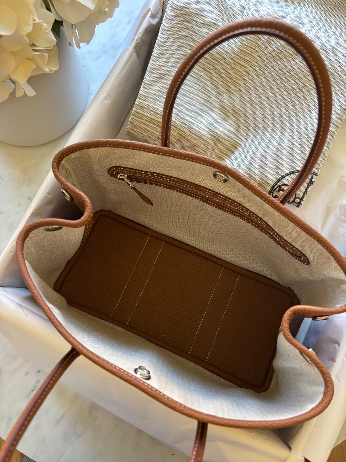 Hermes Garden Party TPM 30 Leather Gold. Authentic & Pristine Designer Handbag