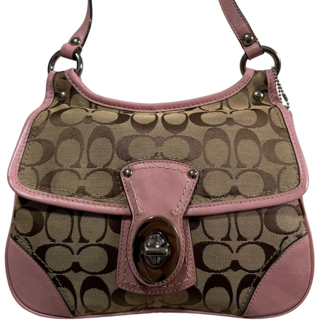 Coach Pink Signature Turn Lock Canvas Leather Shoulder Bag Crossbody Auth