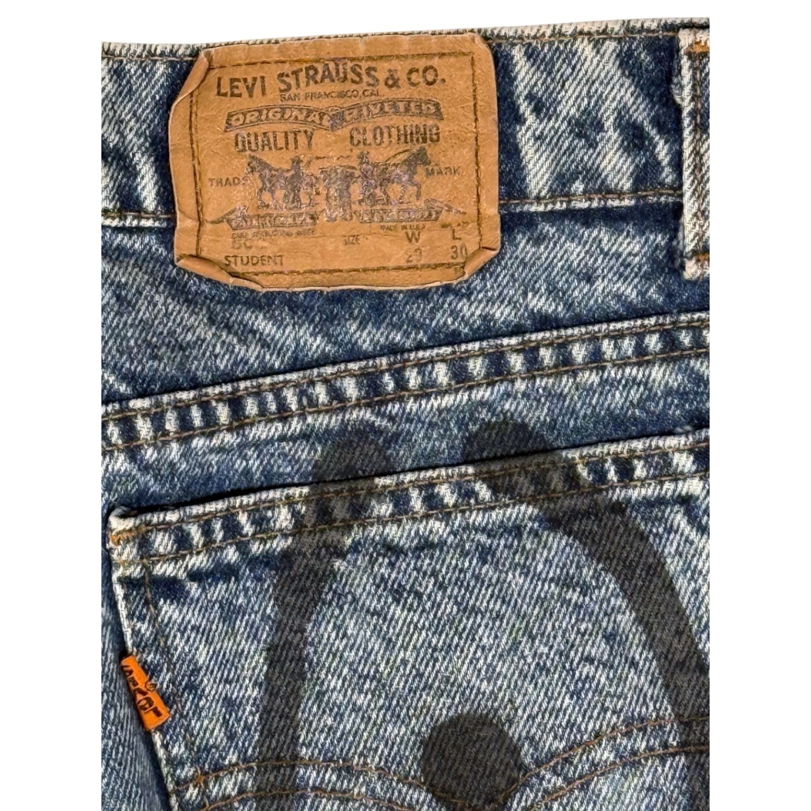 Vintage Levis Student 501 Custom Hand Painted Acid Wash Orange Tab Jeans 28×29