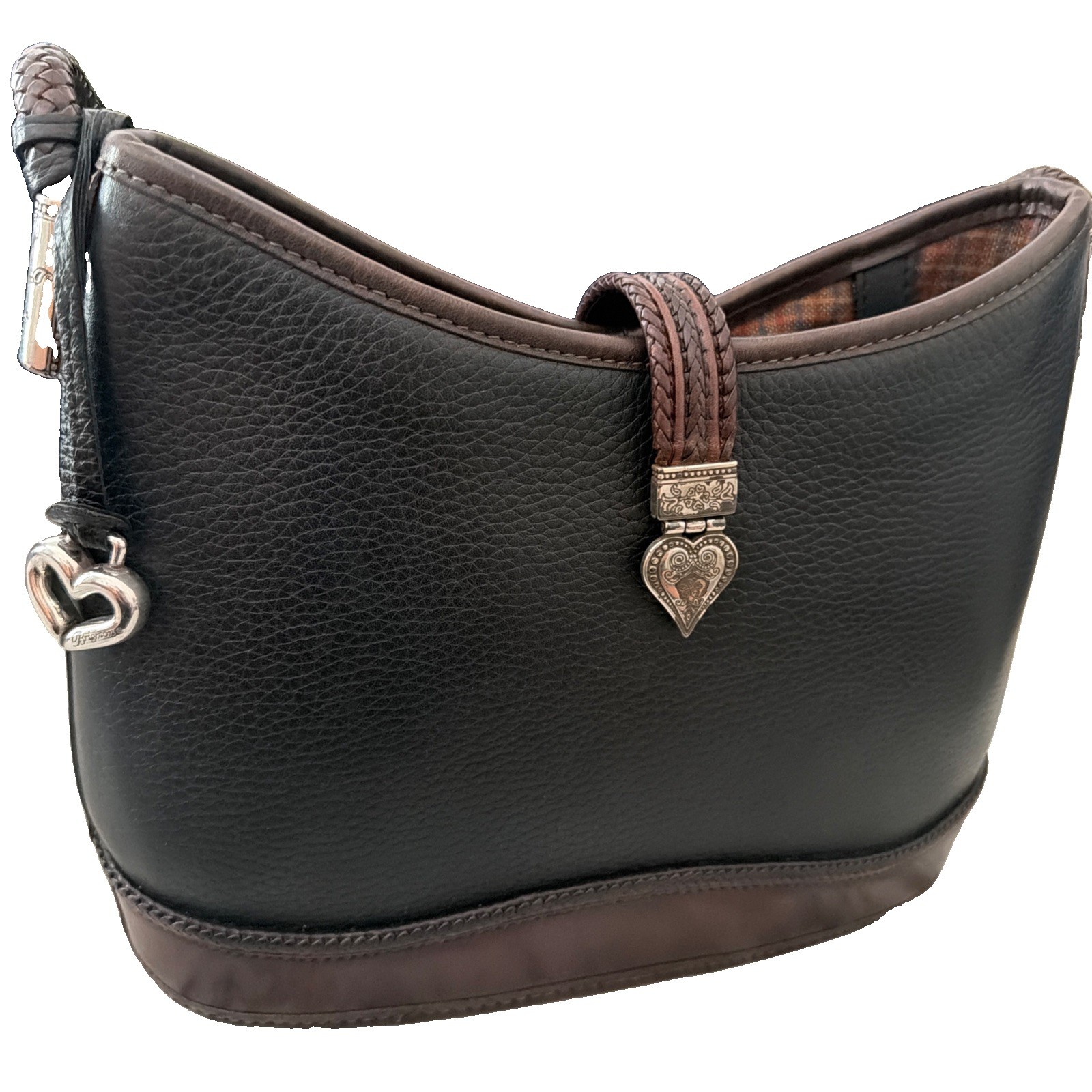Vintage Brighton Black Brown Leather Shoulder Bag Braided Strap Heart Charm