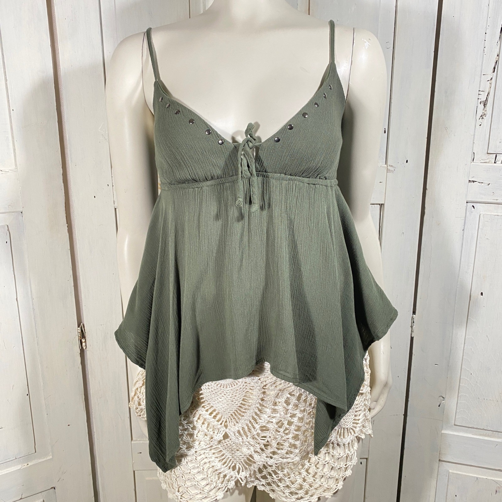 Velvet Moon Olive Green Handkerchief Hem Studded Camisole Top Small Boho Fairy
