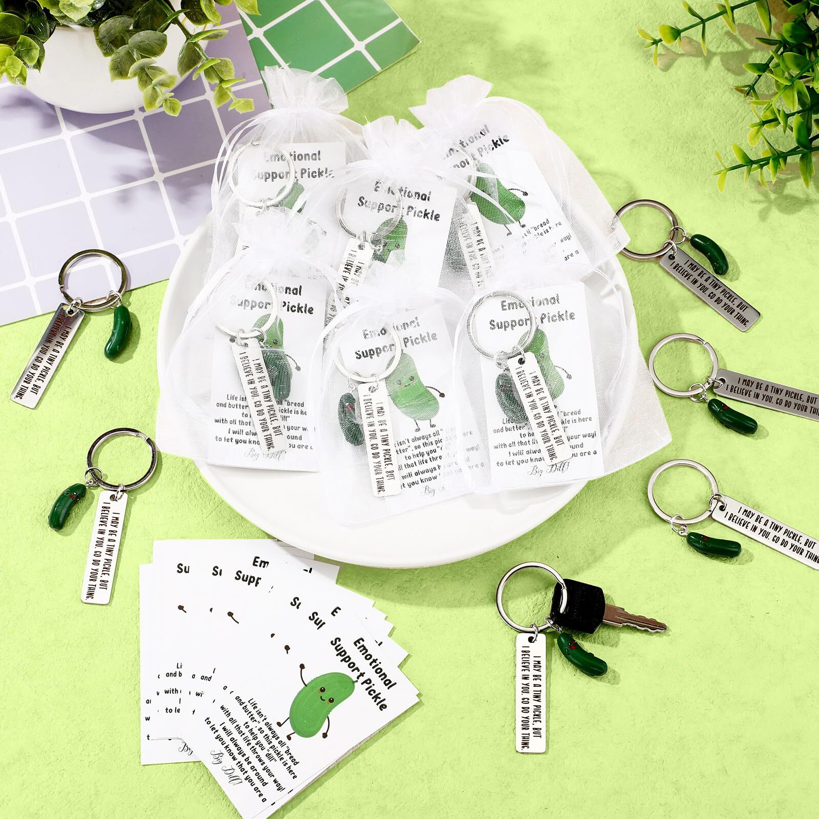 20 Sets Christmas Positive Pickles Gifts Resin Keychains with Card Bag Emotio…