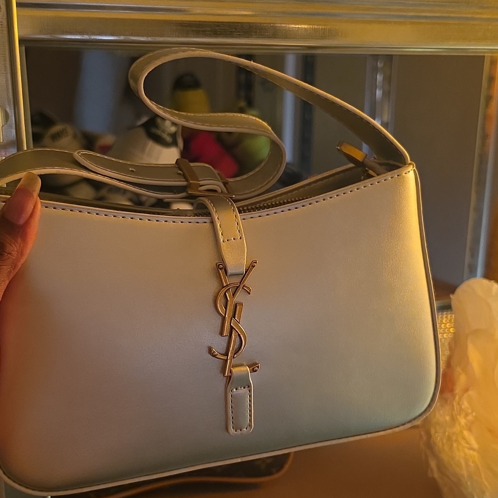 Saint Laurent Beige Shoulder Bag YSL Logo Zip Gold Hardware Adjustable Strap