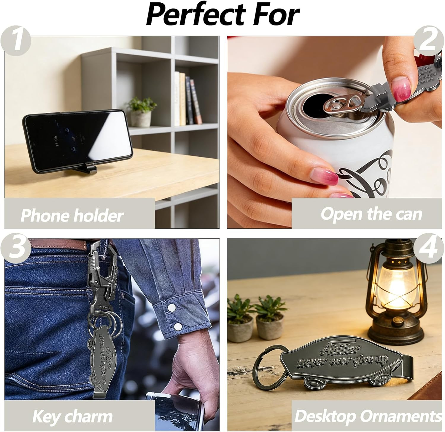 Multi-Functional Keychain & Phone Stand. Opens Beer Bottle and Can Lids. Built-I