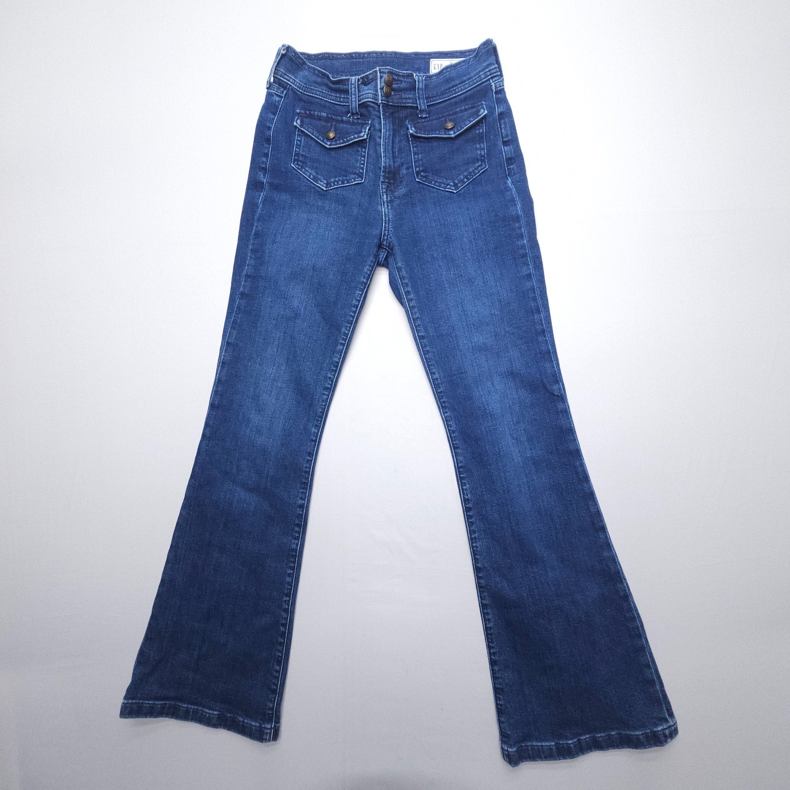 GAP ’70s Flare High Rise Jeans Size 2 / 26 R Dark Wash Patch Pockets Boho Denim