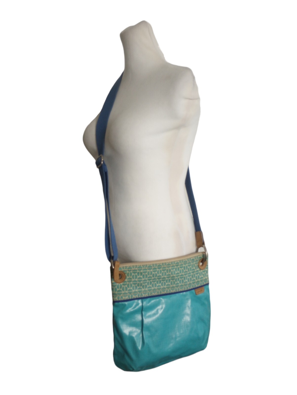 Fossil Key-per Turquoise Coated Canvas Nylon Tote Bag Satchel Magnetic Closure