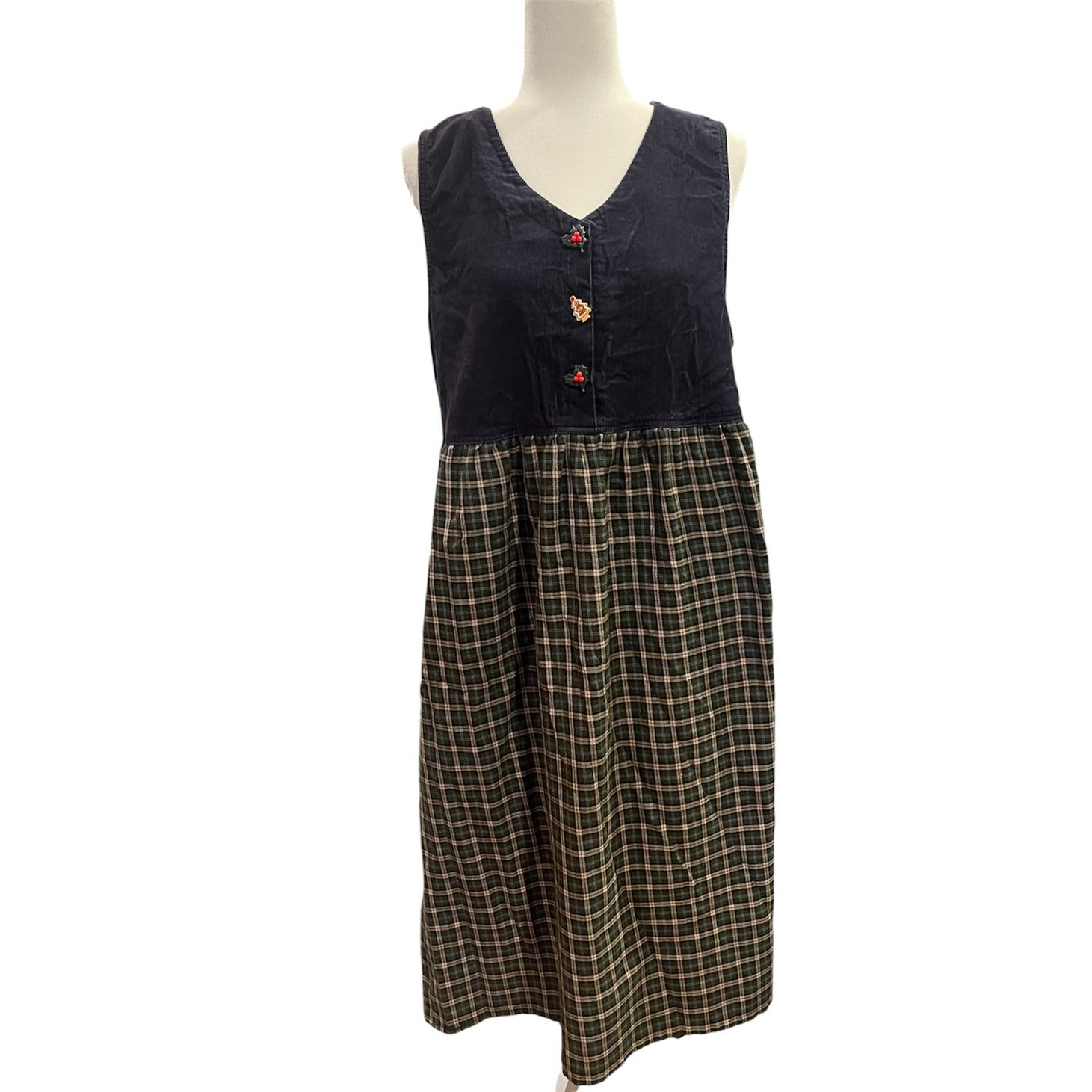 Vintage 90s Christmas Corduroy Midi Dress L Holiday Cottagecore Prairie Retro