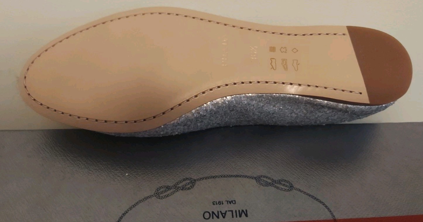 PRADA Sport ICONIC Silver Glitter Matt GOLD LOGO CLASSIC FLATS 36.5 I LOVE SHOES