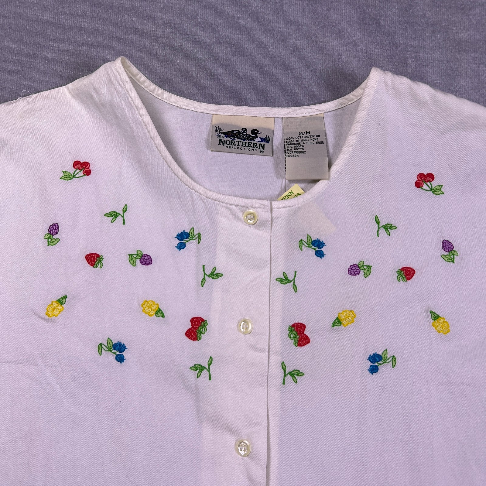 Northern Reflections Womens White Floral Embroidery Short-Sleeve Shirt Size M