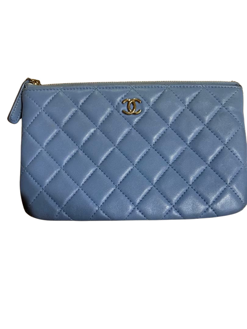 CHANEL Blue Lambskin Matelasse Pouch Bag Coco Mark Authentic Handbag