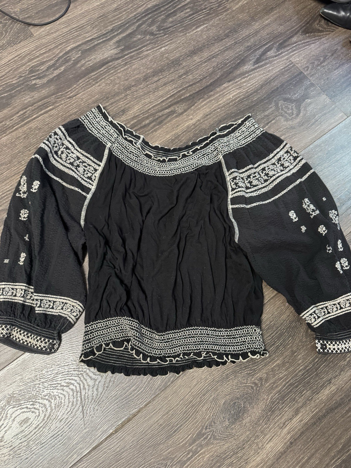 Free People Black White Off Shoulder Embroidered Smocked Blouse 3/4 Sleeve M
