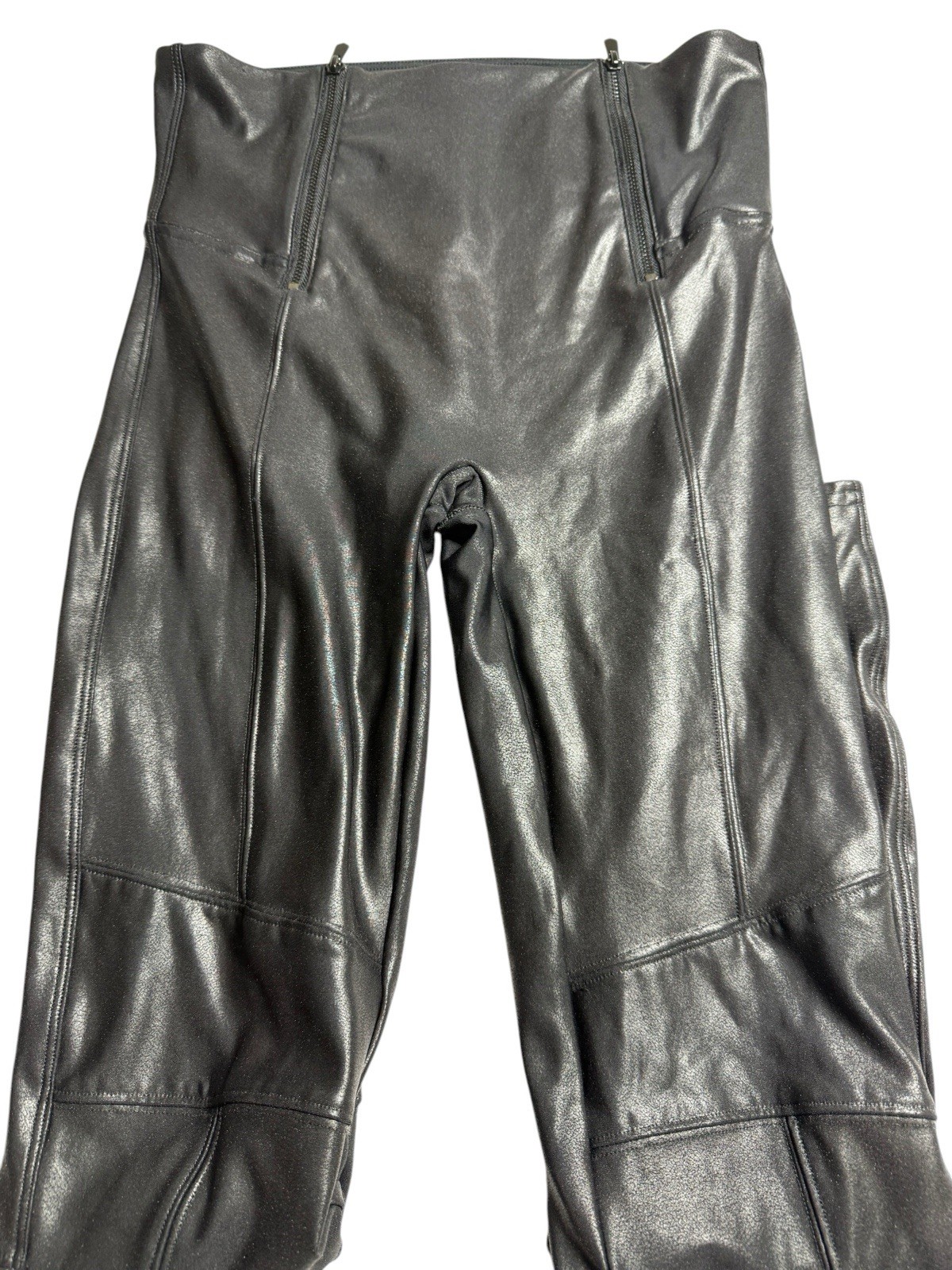 Spanx Faux Biack Leather Woman’s Large Leggings Classic Front Zippers Skinny