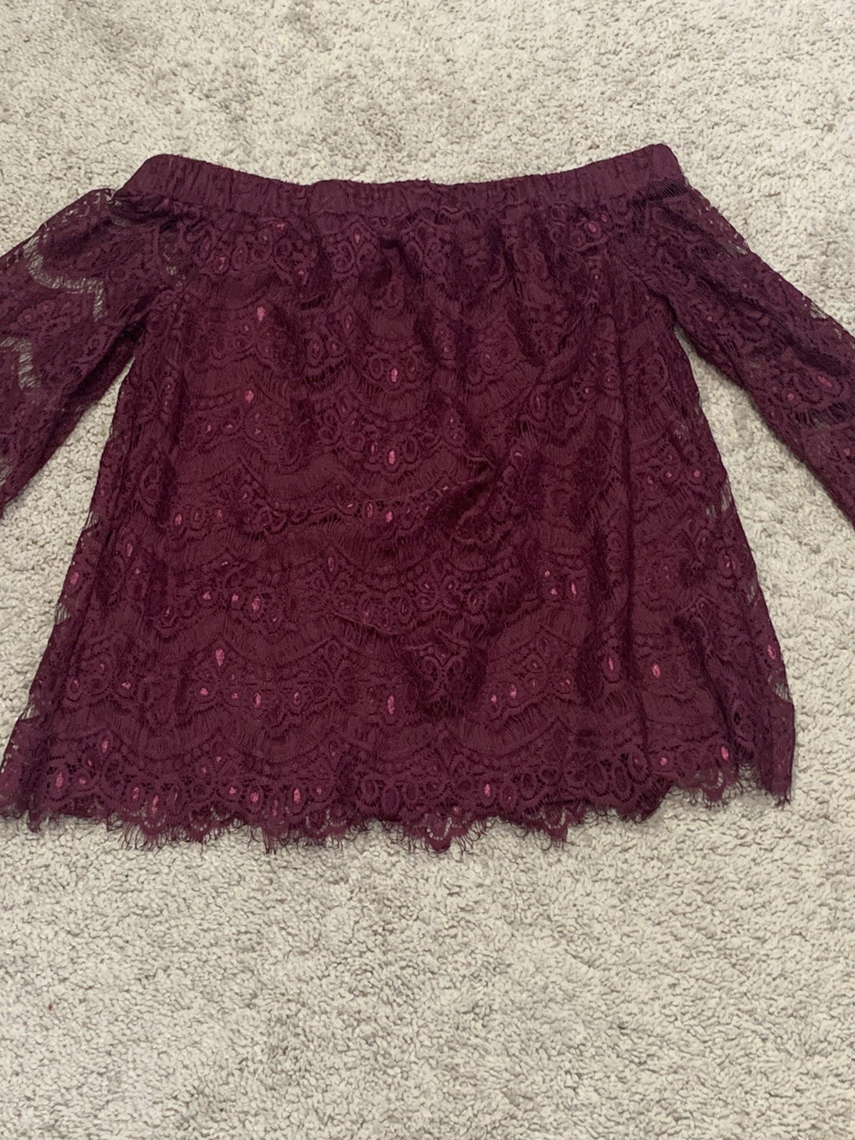 Love Fire Womens Shirt Size S/P Wine colored Lace Off the Shoulder Long Sleeve