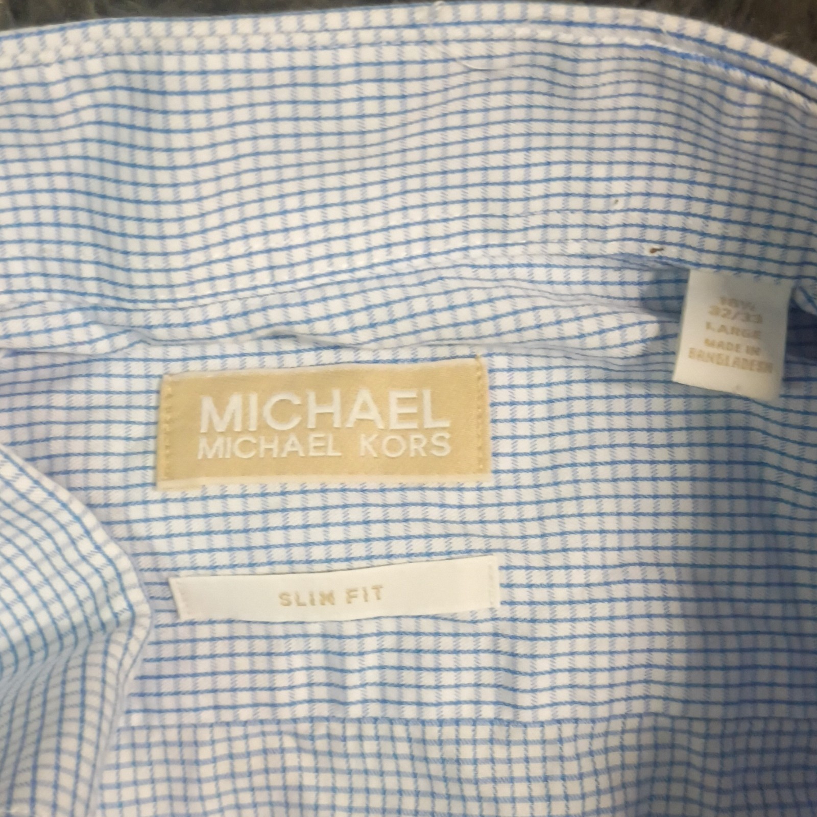 Michael Kors Non-Iron Slim Fit Cotton Dress Shirt L 32/33 Blue White Check