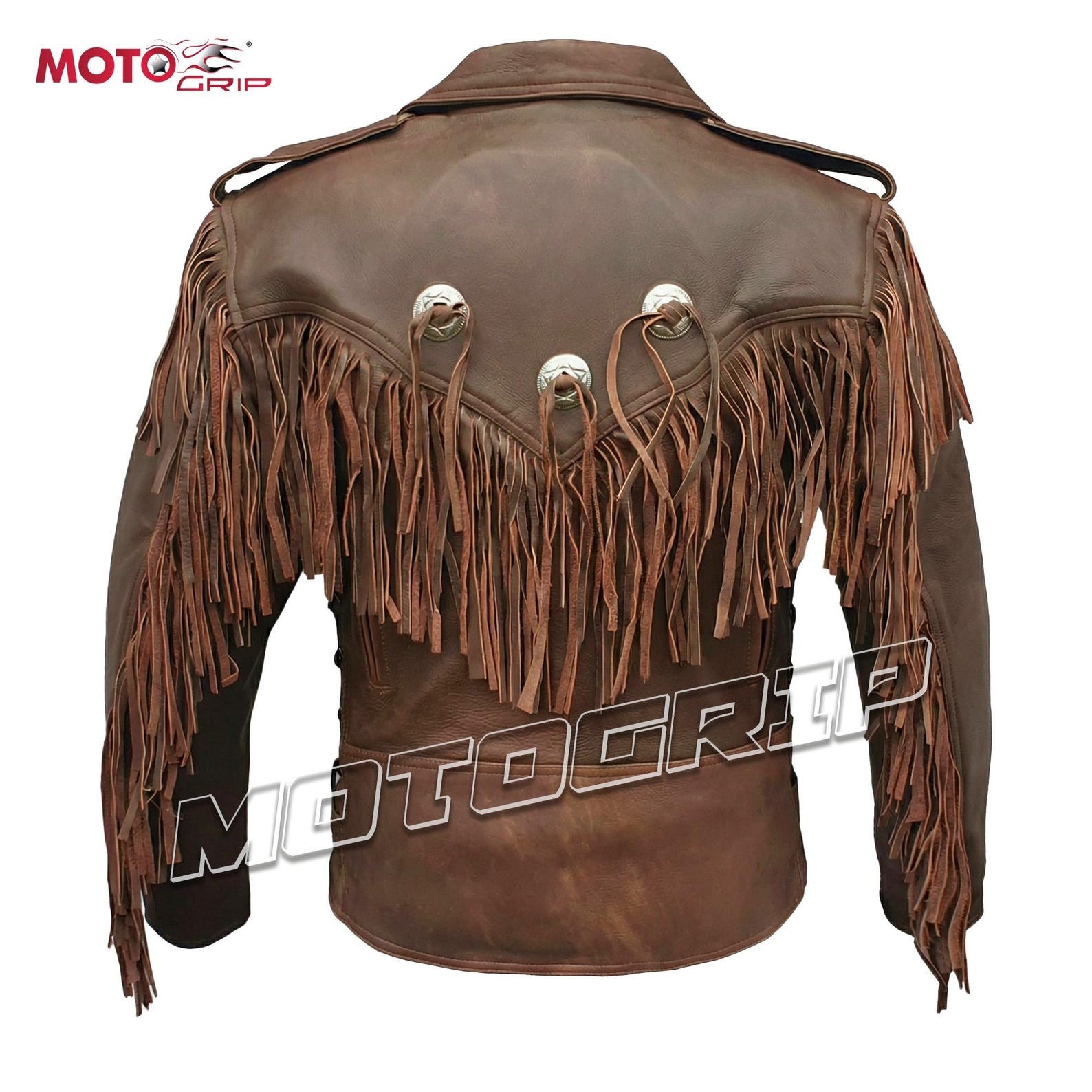 Men’s Brown Leather Fringe Jacket – Western Cowboy Biker Style – Vintage Tassel