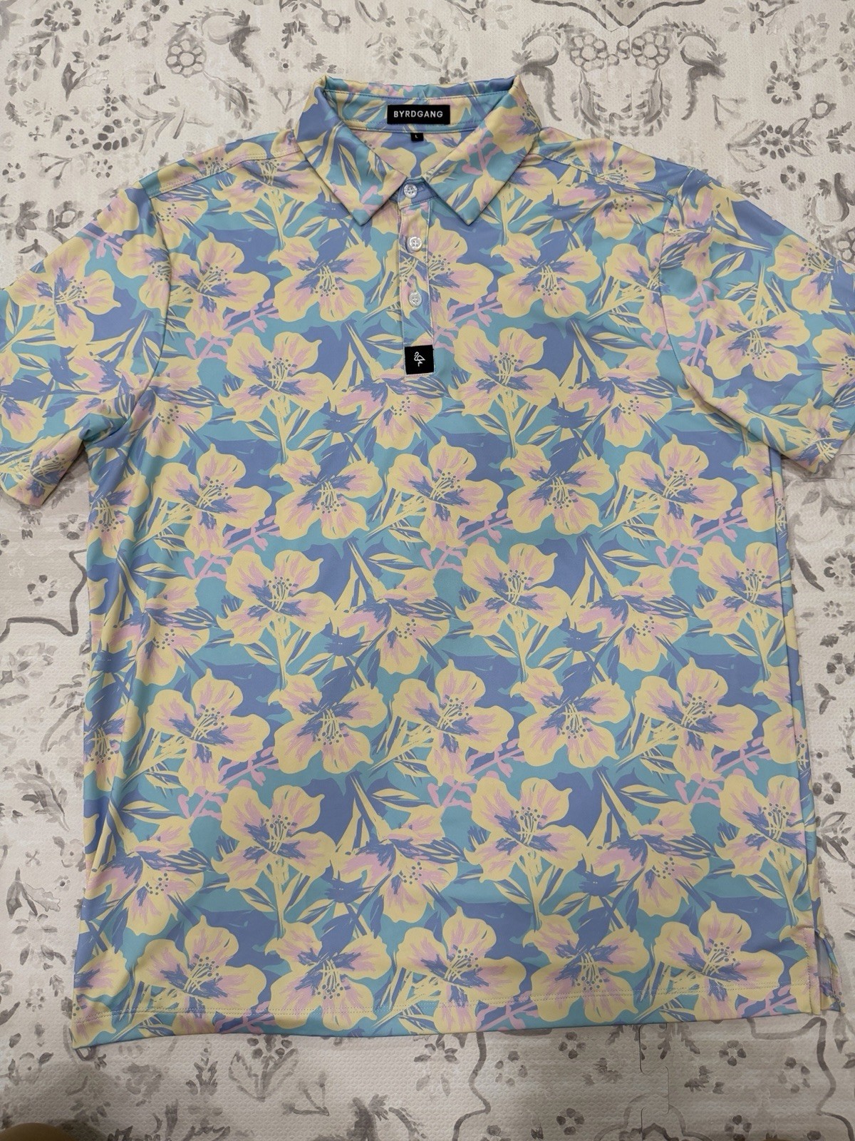 BYRDGANG Men’s L Blue Floral Tropical Stretch Short Sleeve Collared Polo Shirt