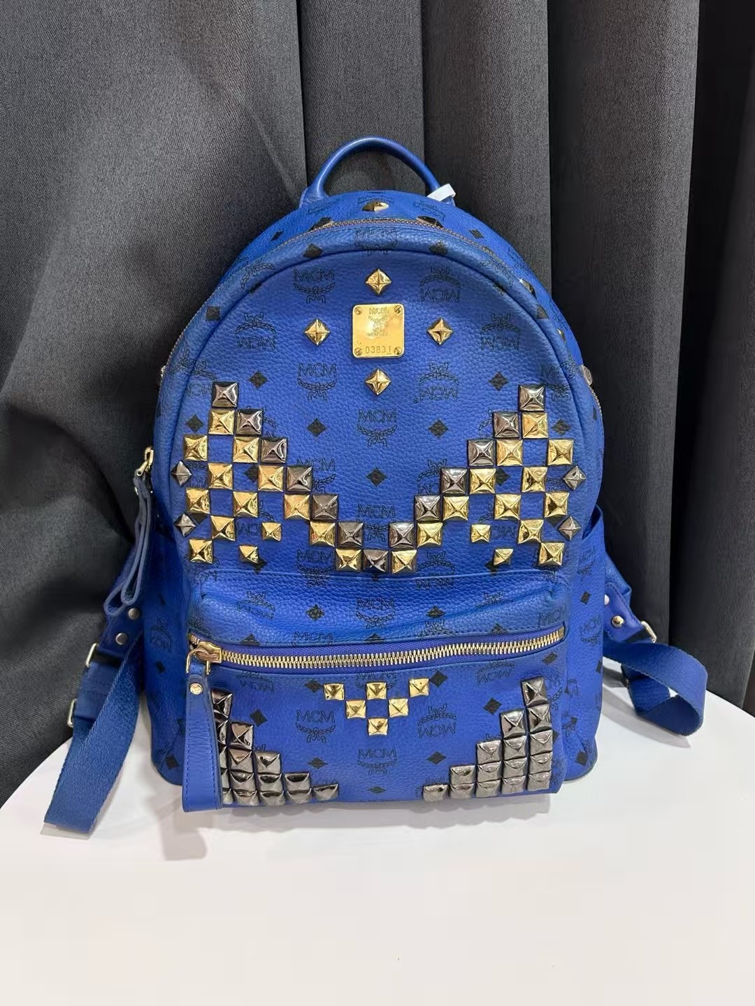 MCM Blue Small Stark Visetos Canvas Logo Print Rivet Backpack Korea