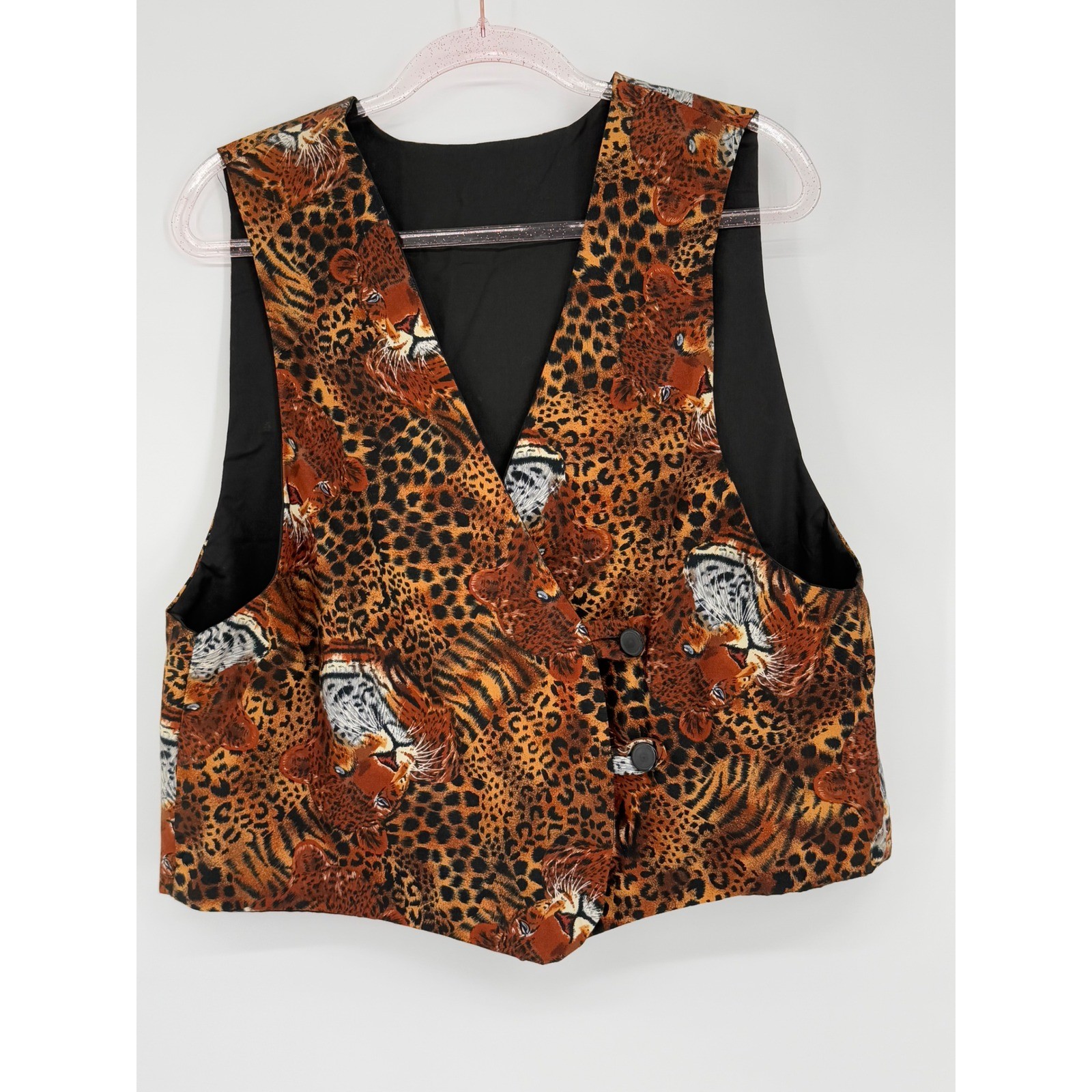 Homemade Womens Vest Leopard Cheetah Tiger Sleeveless Button Front Sz L