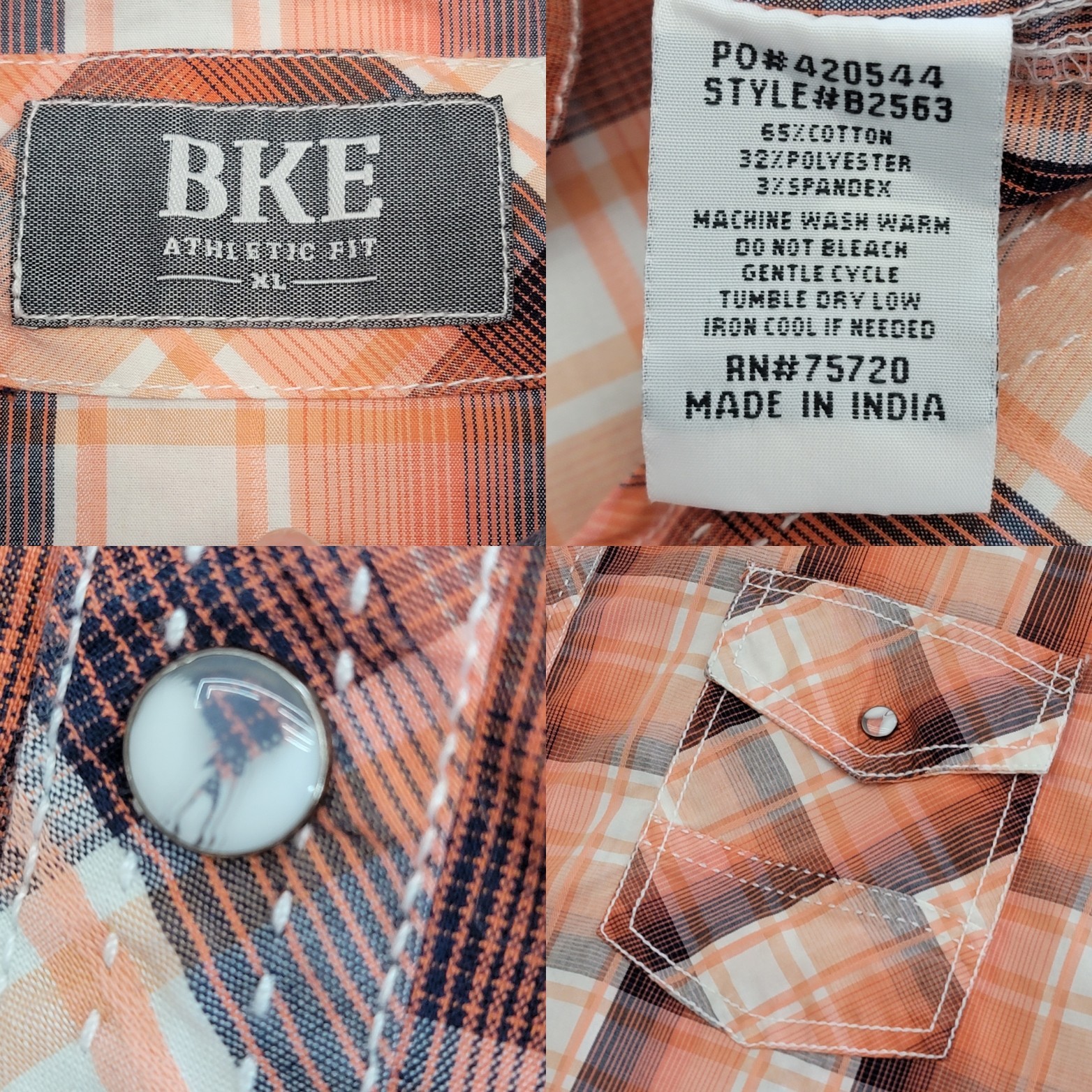 BKE Buckle Athletic Fit Short Sleeve Pearl Snap Button Shirt Mens XL Orange
