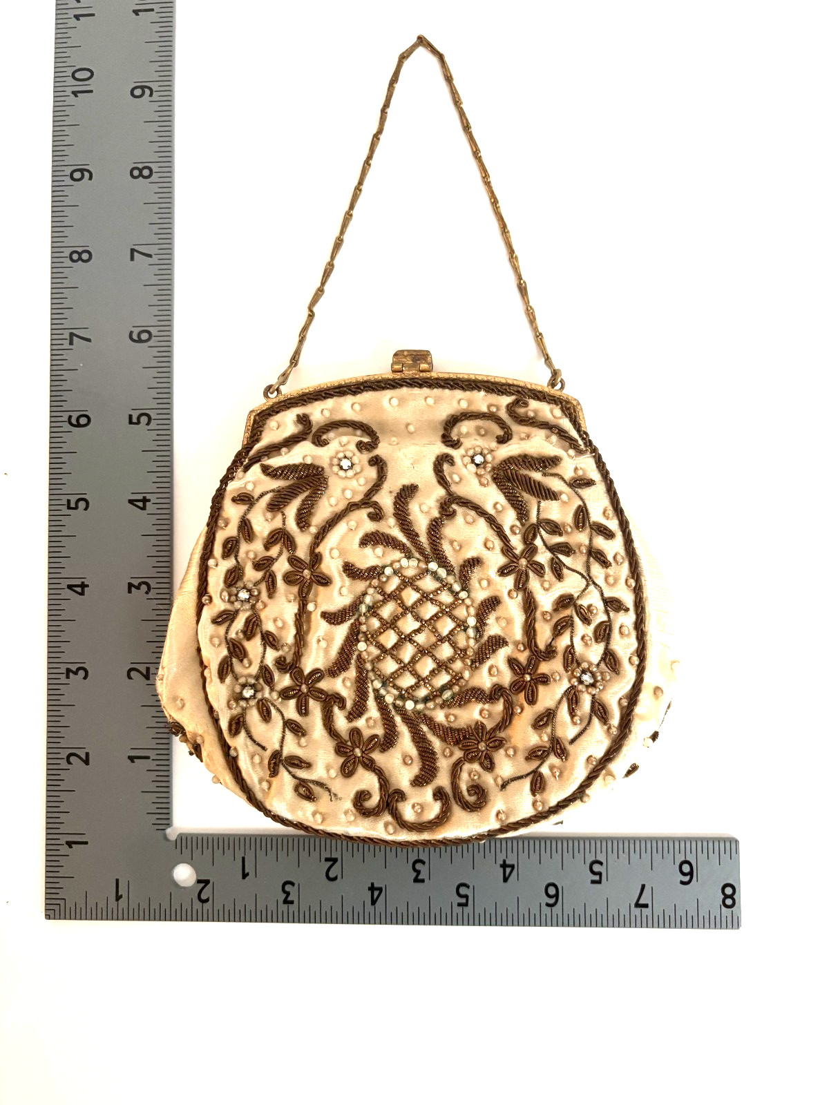 French Victorian Cameo TRINITY BAG Copper Beaded w/Pearls/Copper Metallic Thread