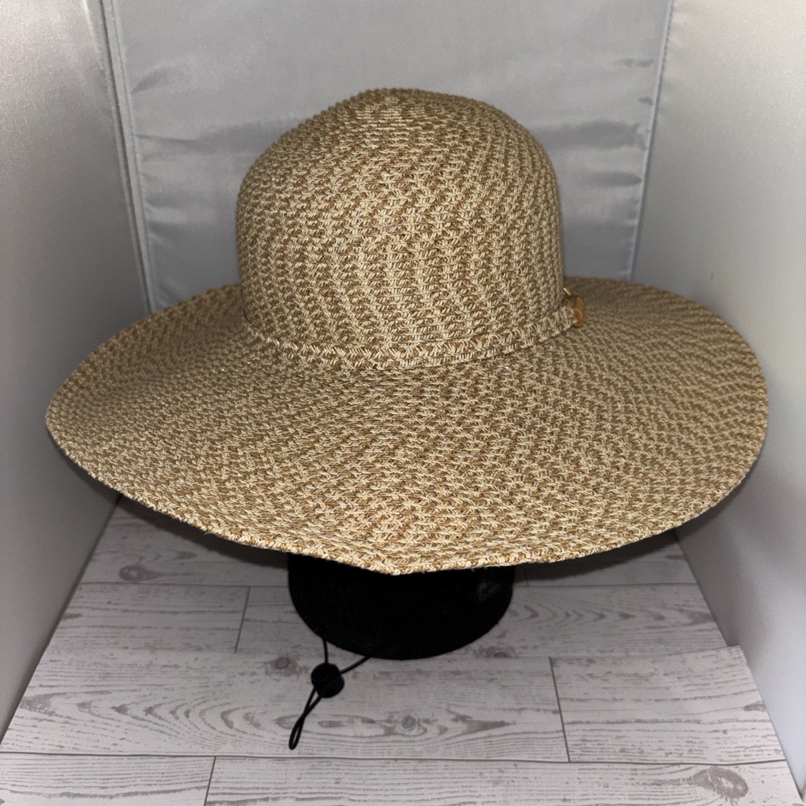 Nine & Co Nine West Floppy Wide Brim Sun Hat Natural Tan With Chin Strap OS