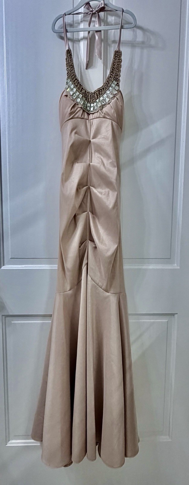 Champagne Halter Mermaid Prom Evening Gown Beaded Neckline Ruched Bodice 5/6