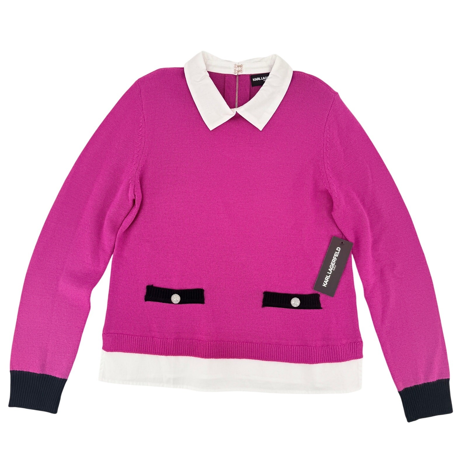 Karl Lagerfeld Layered Look Collared Sweater Womens Sz XL Pink Rhinestone