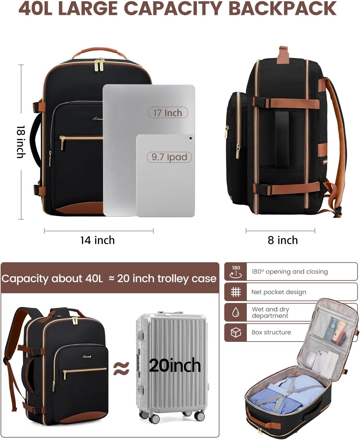 40L Travel Backpack for Women & Men, Airline Approved Carry on Luggage with 3 Pa