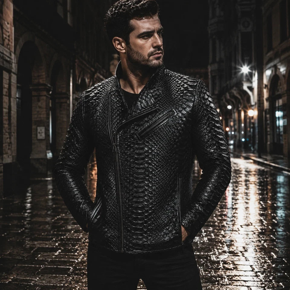 Mens Black King Python Cowhide Leather Biker Jacket Snake Embossed Handmade Moto