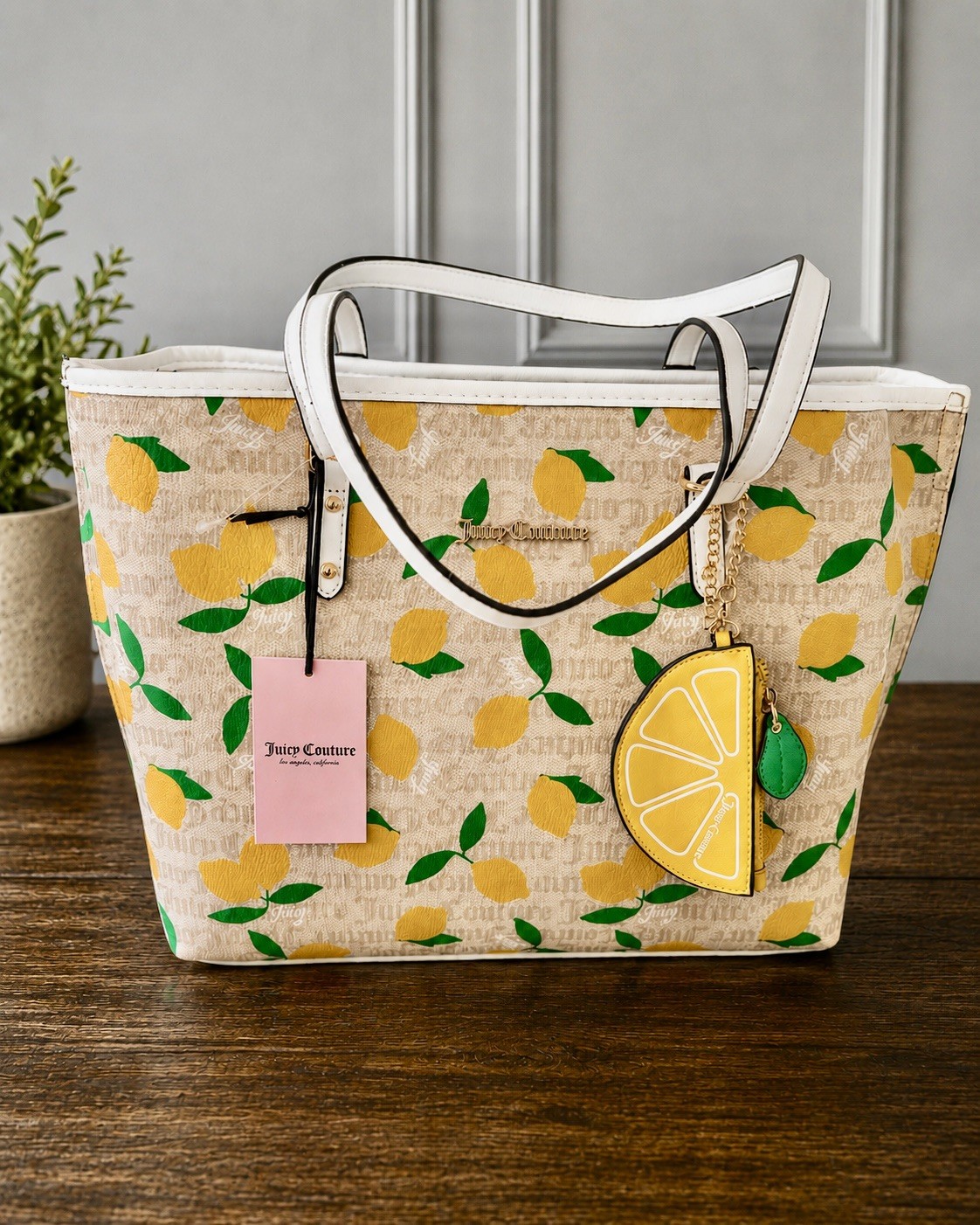 Juicy Couture Fruitful Lemon Tote Bag Sandstone White Monogram Wallet Charm NWT